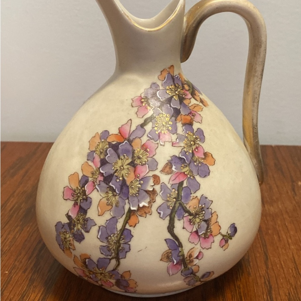 Vintage Floral Ceramic Pitcher/vase with Purple and Pink Accents